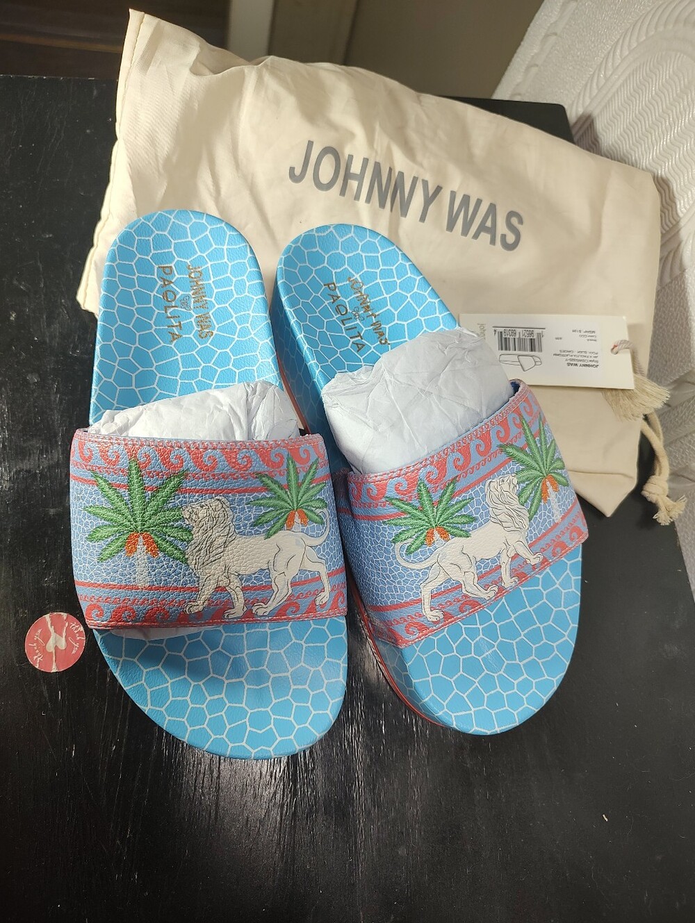 Johnny Was Blue Lion & Palm Slide Sandals for Women Size 6